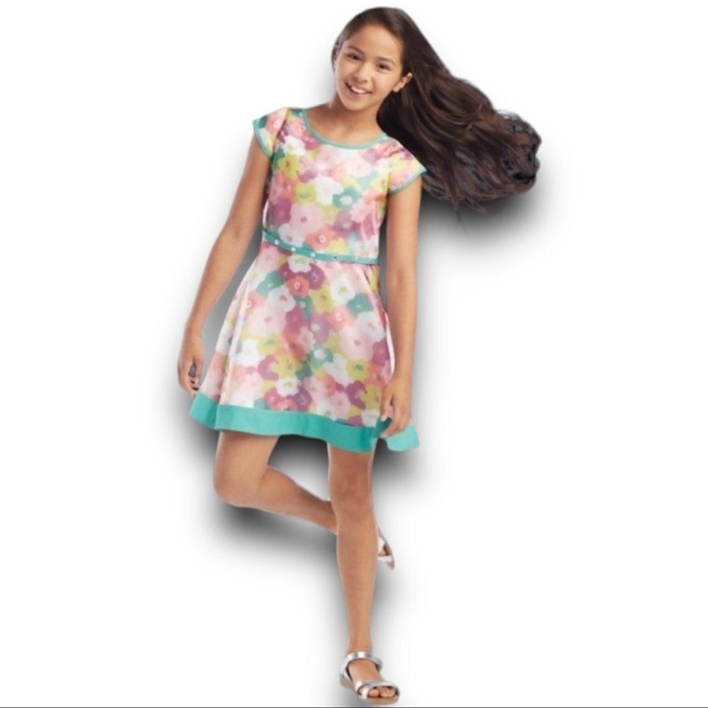 American Girl Belted Multi-Colored Bright Bloom Floral Chiffon Dress Girls 8